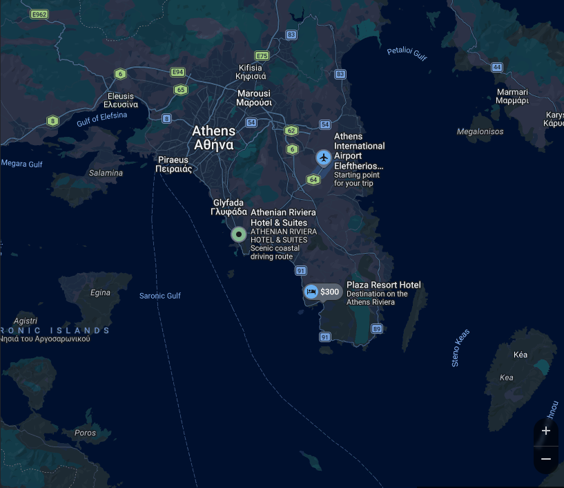 Map of the Athenian Riviera showing Athens International Airport and Plaza Resort Hotel