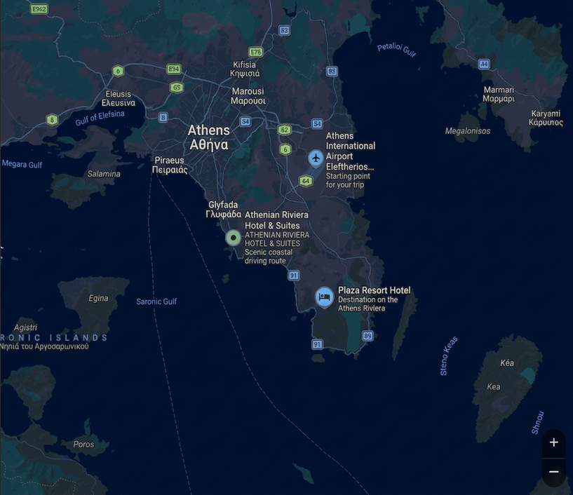 Map of the Athenian Riviera showing Athens International Airport and Plaza Resort Hotel