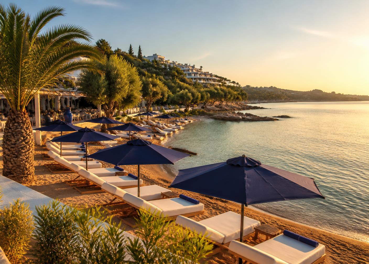 Beachfront sunbeds and blue parasols at a resort on the Athenian Riviera